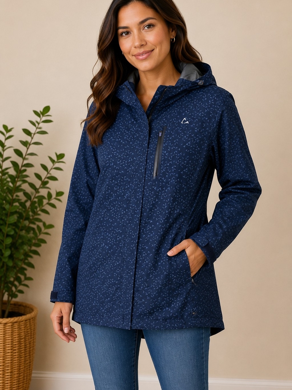 Paradox Women's Waterproof Hooded Rain Jacket Navy Blue Print Full Zip